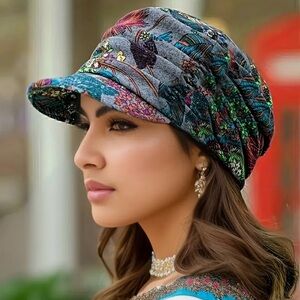 Vintage Style Flower Print Fleece Lined Newsboy Brim Women’s Hat Ruched Detail